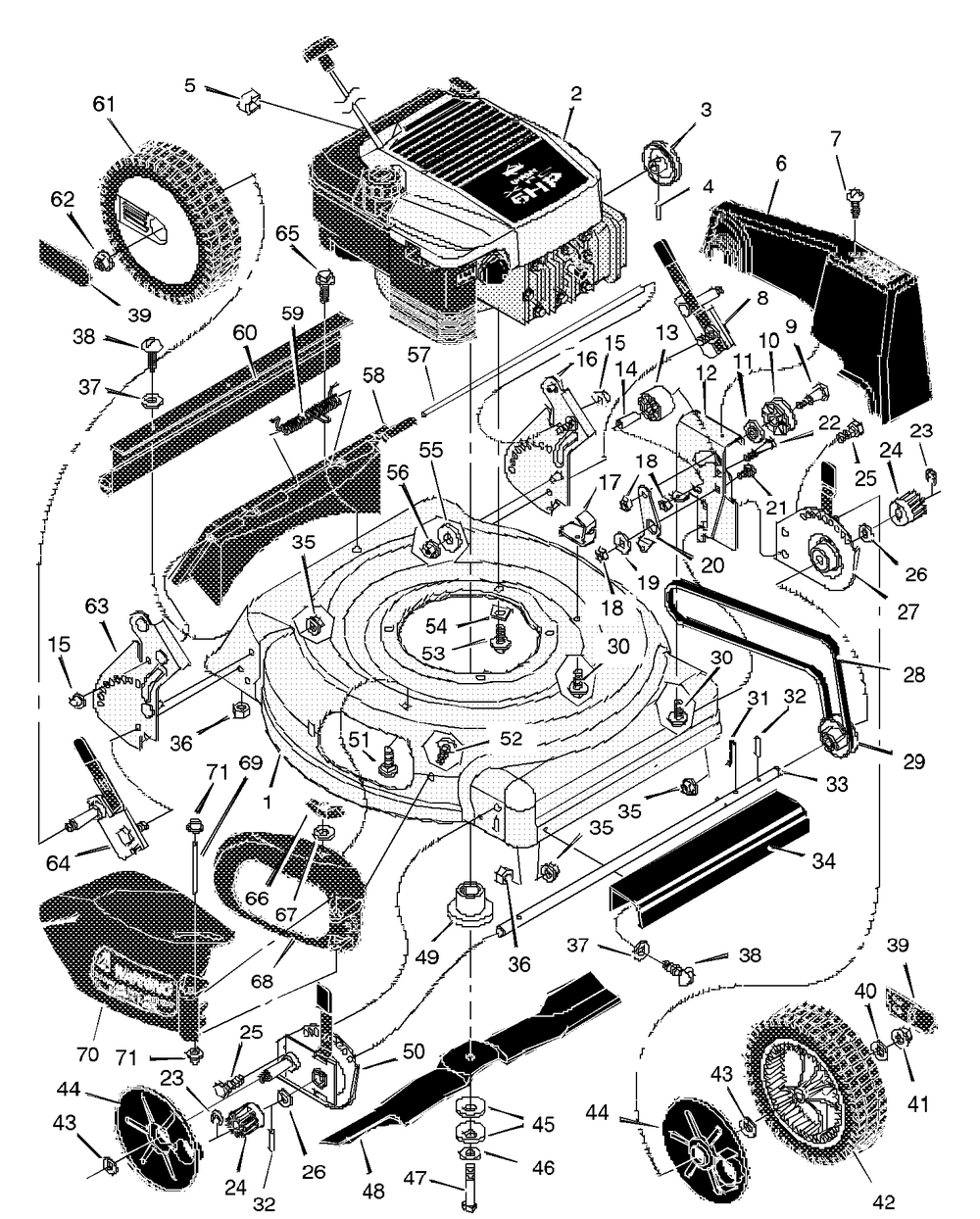 Mower Housing Assembly Diagram and Parts List for 20705X92A 1997 Briggs and Stratton Lawn Mower